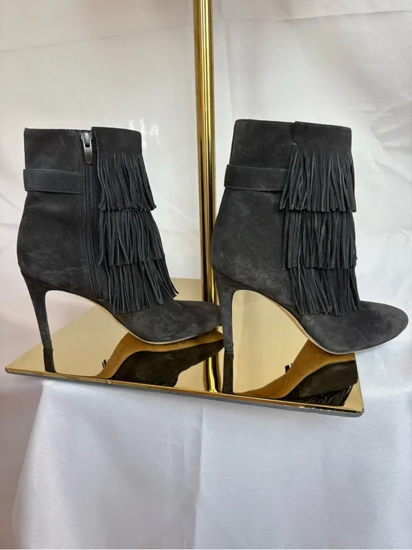Via Spiga Gray Suede Fringe Stiletto Ankle Boots - Image 6