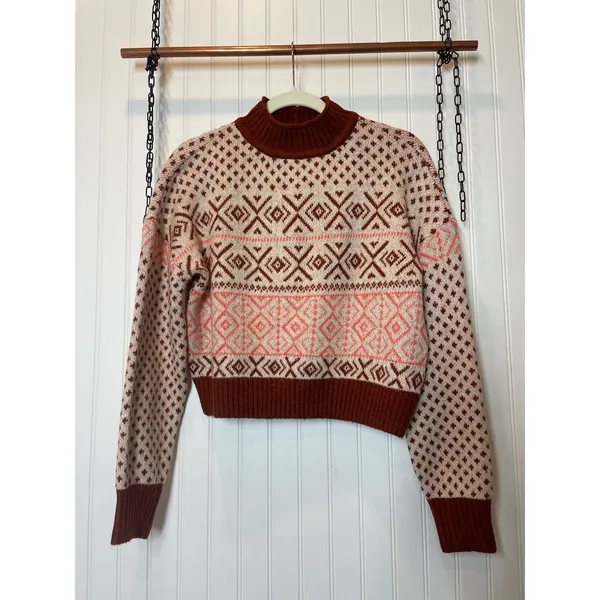 NWT American Eagle Fair Isle Mock Neck Pullover Sweater Brown Pink Womens Size S - Image 2