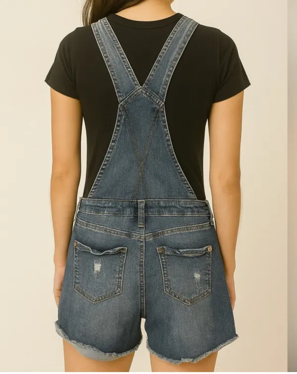 XS High Rise Distressed Jean Overalls – Vintage Look Short Romper (F10) - Image 2
