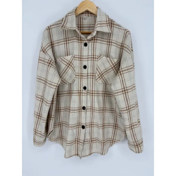 Plaid Shacket Women Medium Tan Oversized Flannel Button Up Shirt Neutral Cozy - Image 2
