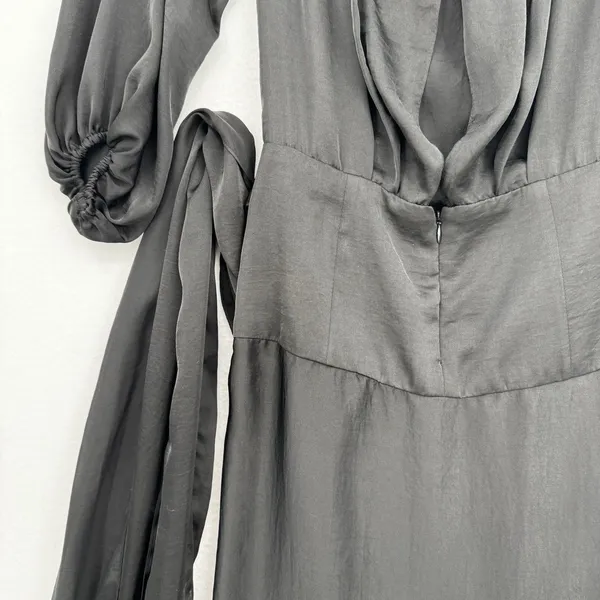 Four National Black Satin Asymmetrical Midi Dress Tie Waist Romantic Goth Size 4 - Image 7