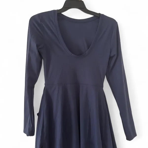Navy Blue Long Sleeve Tie Front Romper Dress Skort - Image 2