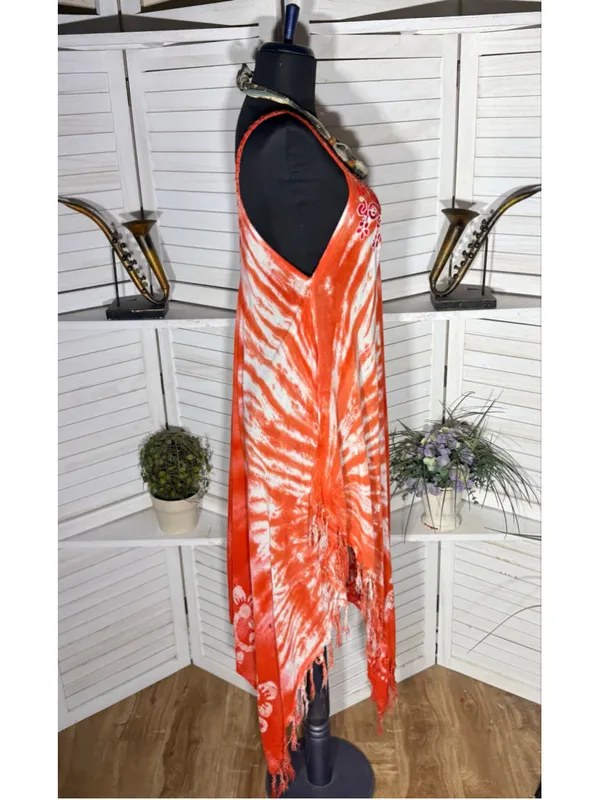 Vintage gauze cotton boho dress tie dye asymmetrical beach cover up fringes S M - Image 3