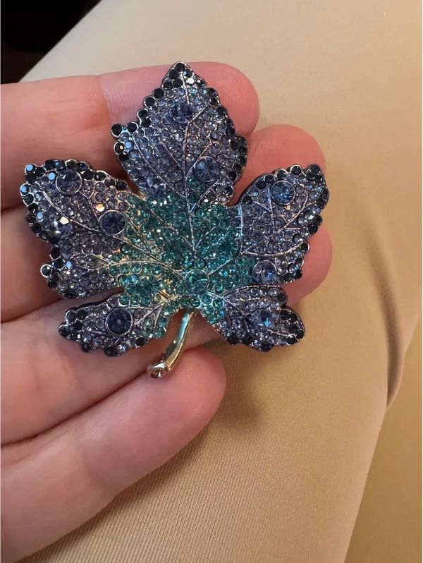 Blue and Turquoise Crystal Leaf Brooch Pin - Image 2
