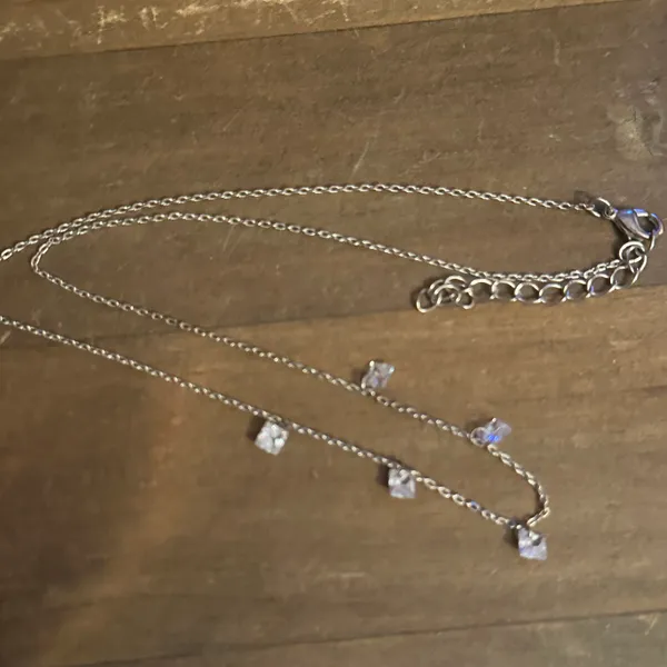 Dainty silver tone princess cut crystal dangle necklace - Image 3