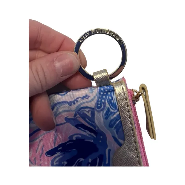 Lilly Pulitzer ID‎ Case Keychain Wallet Blue Pink Tropical Sea Life Gold Trim - Image 2
