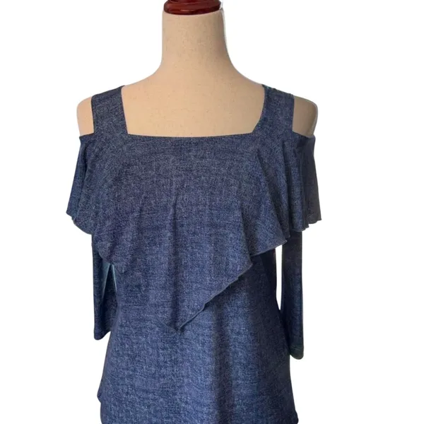 Blue off the shoulder top with ruffle detail. Size: S - Image 3