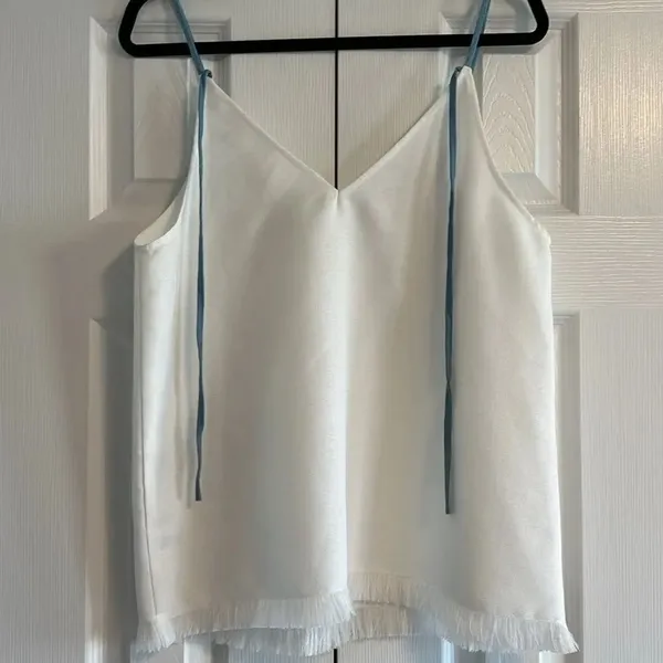 After Market Women’s White Tank Top with Blue Thin Straps and Fringe Bottom - Image 6