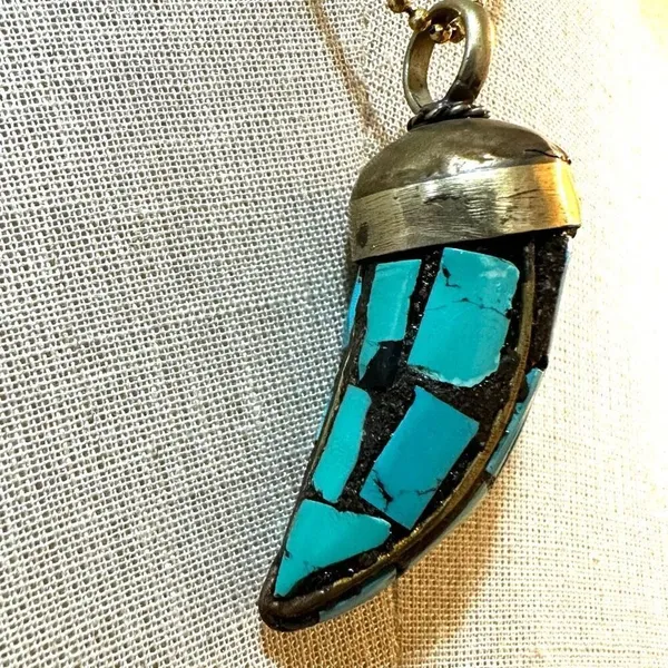 Tibetan brass mosaic Horn Pendant necklace - Image 3