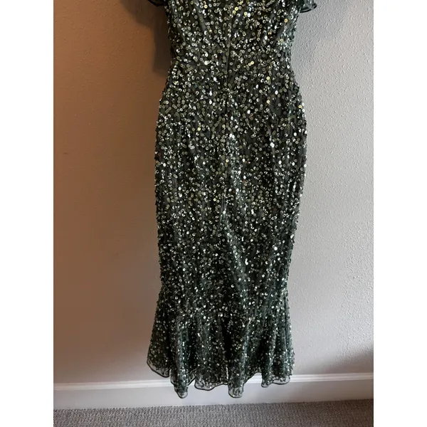 NWT $398 Mac Duggal Sequin‎ Midi Dress 2 Sage Green Flutter Sleeve Trumpet 10801 - Image 12