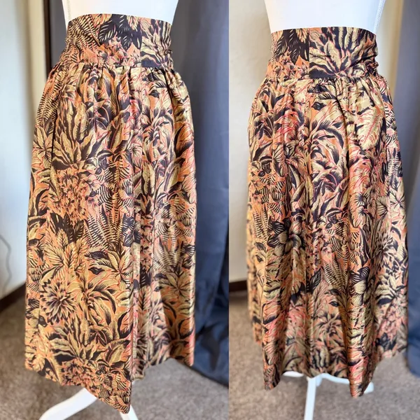Handmade Tropical Wrap Midi Skirt Womens S Bronze‎ Olive Palm Leaf Pockets - Image 14