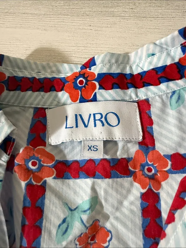 Livro Floral Grid Cotton Tunic Dress in Blue and Orange and Red - Image 4