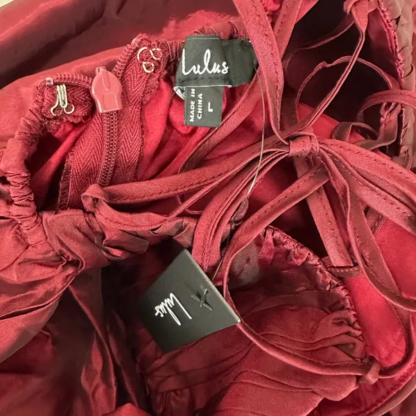 Lulus Poised Passion Wine Red Taffeta Pleated Ruffled Midi Dress Large NWT - Image 11