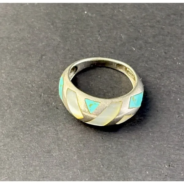 Sterling Silver Southwestern MOP/Turquoise Inlay Ring Size 7 - Stamp SX 925 - Image 6