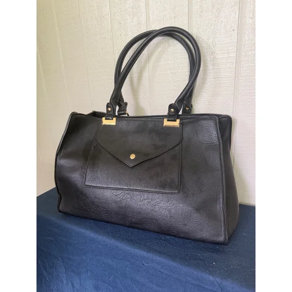 Black Faux Leather Satchel Handbag Gold Hardware Chevron Lining Front Pocket - Image 2