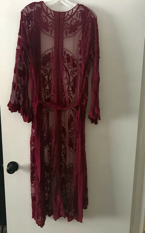 COCO + JAIMESON Burgundy Floral Embroidered Lace Long Duster Kimono XS - Image 2