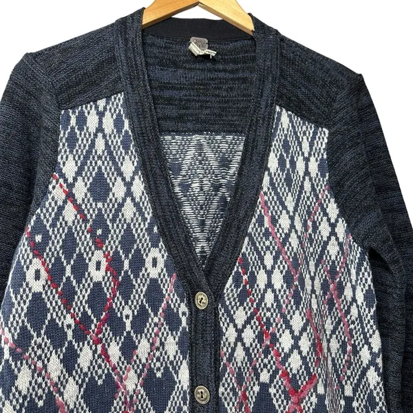 Free People Foxtrot Argyle Knit Cardigan Sweater Women's L Wool Blend‎ Preppy - Image 4