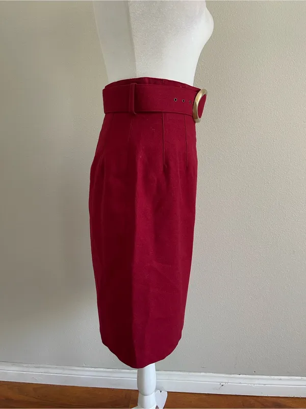 Ann Taylor Burgundy Wool Pencil Skirt with Round Buckle Belt - Image 4