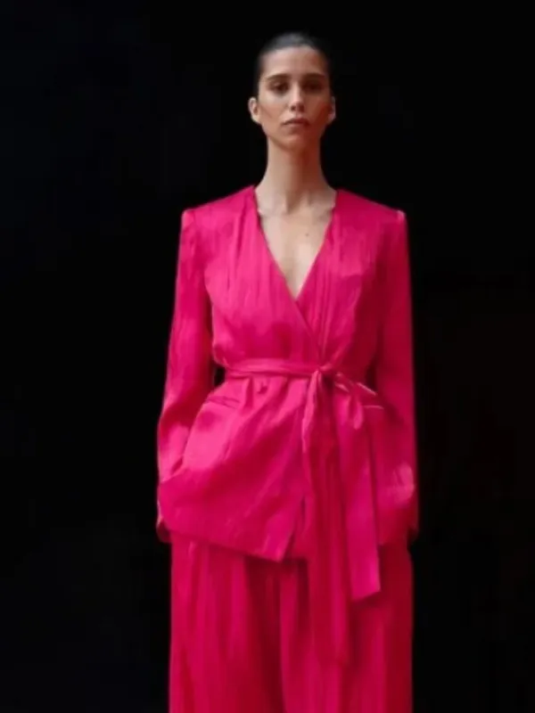 NWT ZARA Women's Blazer Wrinkle Effect Belted fuchsia Hot Pink Medium - Image 2