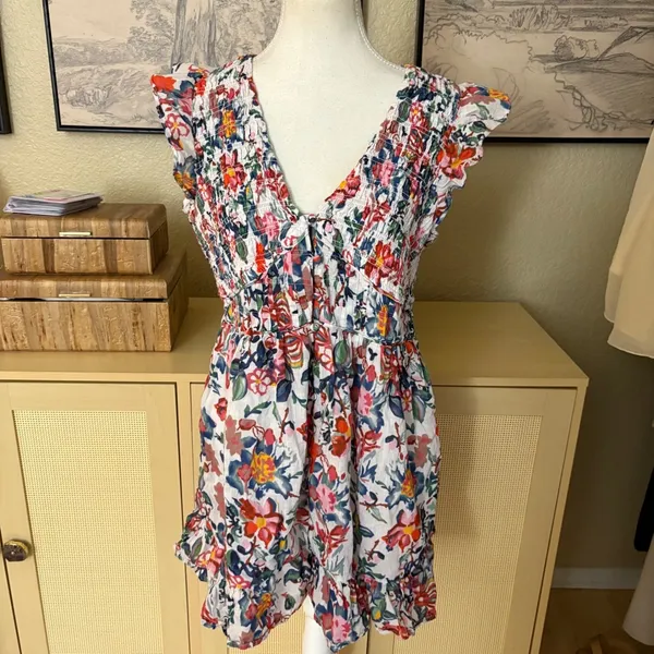 ANTHROPOLOGIE Floral Slocked Mini Dress Size Parge Petite‎ - Image 2