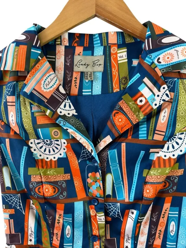 Lindy Bop Bookshelf Print Fit & Flare Shirt Dress Retro Literary Size 4 Books - Image 3