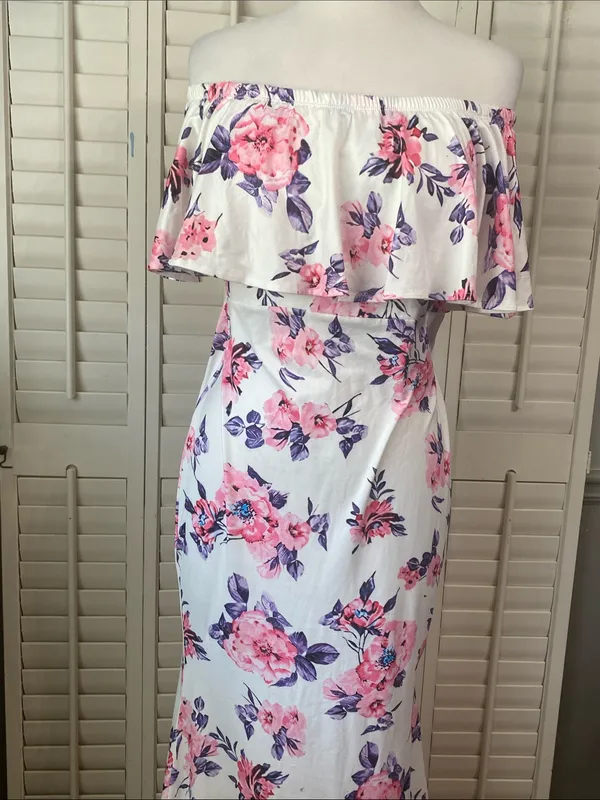 White Maxi Dress with Pink and Purple Floral Print - Image 4