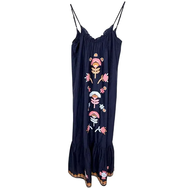 Anthropologie Malika Embroidered Dress Low Scoop Back Ruffle Hem Navy Blue XS - Image 2