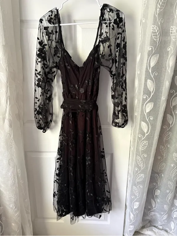New Lulus Darling Charisma Black Mesh sheer Embroidered Midi Dress sz M w belt - Image 9