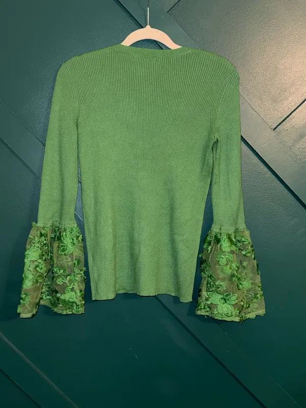 Ribbed Knit Sweater Floral Lace Bell Sleeve V-Neck Romantic Boho Cottagecore - Image 3