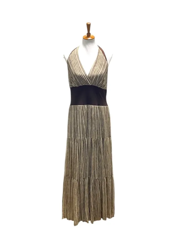 Jonathan Martin Y2K Silk Halter Striped Maxi Dress Beige Size 16 Coastal Beach - Image 2