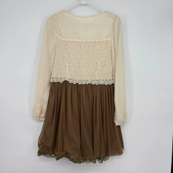 Tapenade Boho Lace‎ Chiffon Tiered Mini Dress Cream Brown L Cottage - Image 2