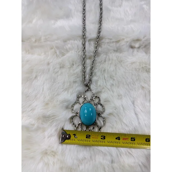 Silver vtg Tone Turquoise Oval Pendant‎ Statement Necklace Women Fashion Jewelry - Image 6