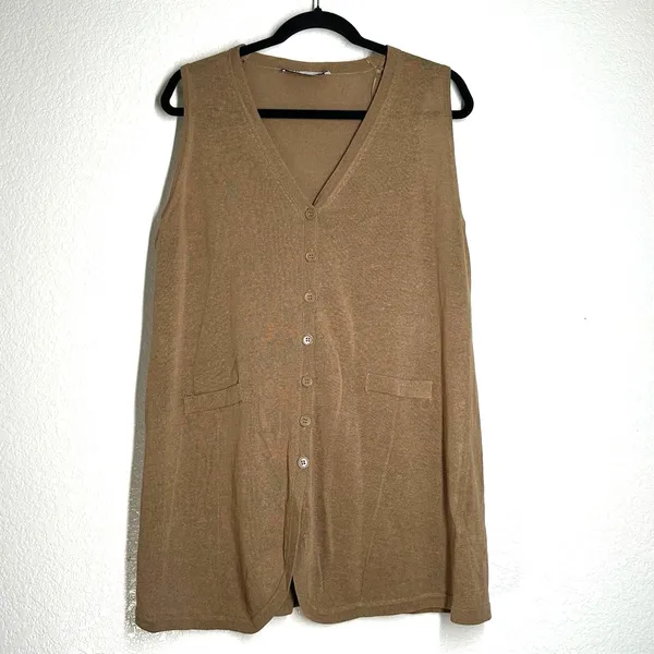 Zara L Knit Vest Top longline V-neck button-up front sleeveless sweater linen - Image 2