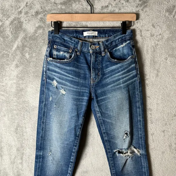 MOUSSY Vintage Howa Distressed Skinny‎ Jeans Raw Hem Blue Wash Size 24 X 25” - Image 2