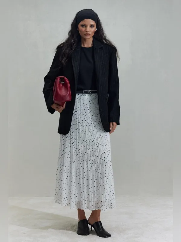WD.NY Pleated Polka Dot Maxi Skirt White Black Small Long Chiffon Elastic Waist - Image 8