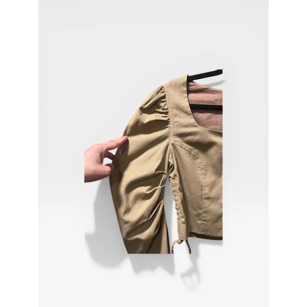 Revolve Lovers and Friends Crop Top Khaki Ruched Puff Sleeve Regencycore Small - Image 8