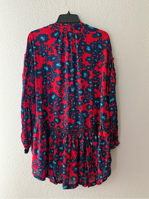 NEW Free People Red Floral Bohemian Keyhole Long Sleeve Mini Dress SMALL Tunic - Image 9