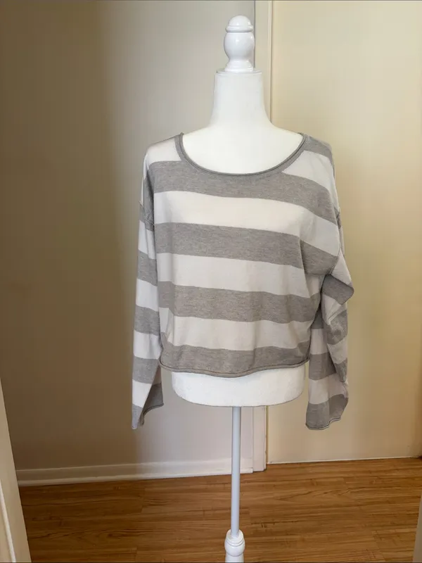 Light Gray and White Striped Boatneck Sweater - Image 2