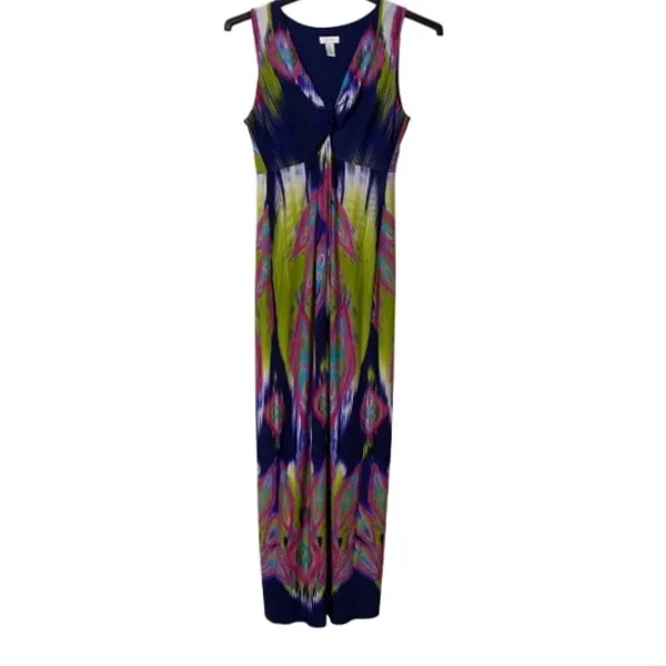 Chico's Maxi Dress Women's Sz1 Blue Pink Green Ikat Abstract Sleeveless Boho EUC - Image 8