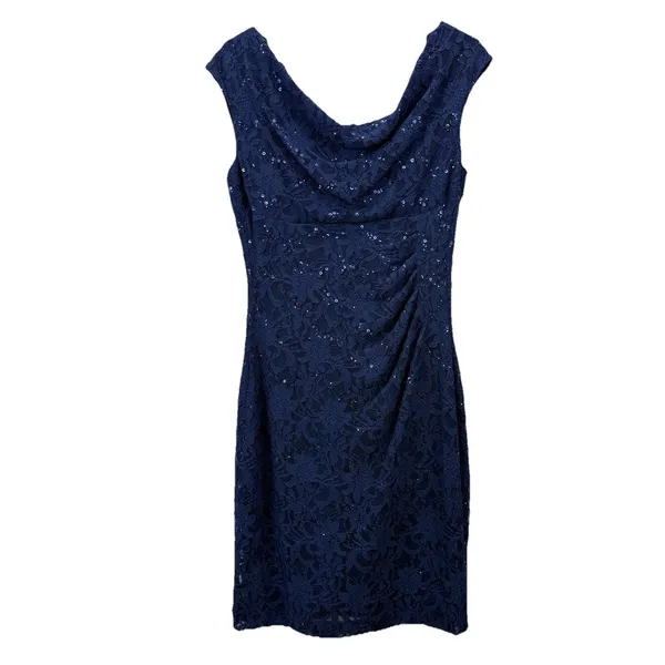 Ralph Lauren Navy Blue Sequin Lace Cowl Neck‎ Sheath Sleeveless Dress Size 10 - Image 5