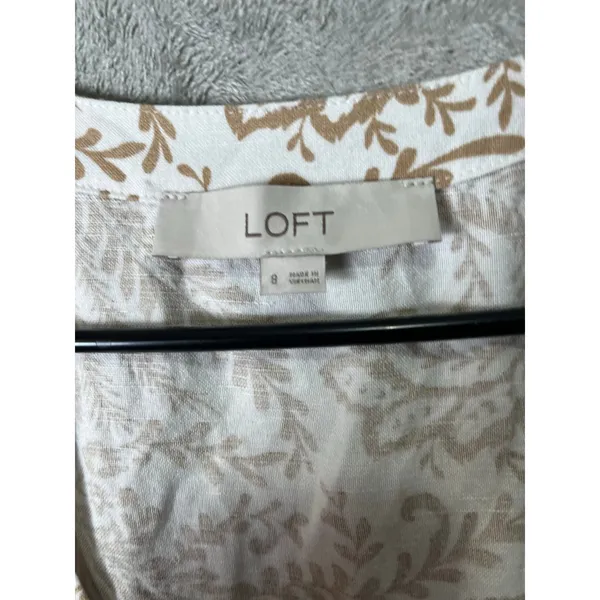 LOFT Linen Blend Beige Paisley Button Front Dress V Neck Summer Cottagecore 8‎ - Image 5