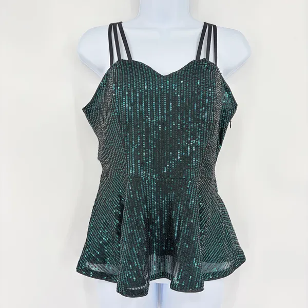 Grace Karin Y2K Sequin Top Sz S Teal Strappy Peplum Clubwear Indie Holiday Glam - Image 2