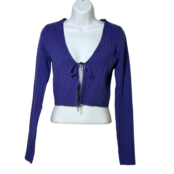 Organic Basics Soft Knit Rib Tie Cardigan Eclipse Purple Blue Small OB440035 NEW - Image 2