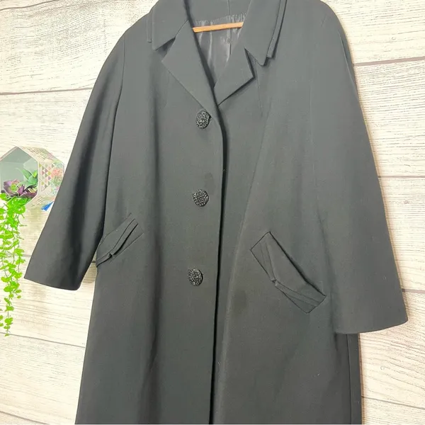 Vintage Black Wool Blend Winter Overcoat with Jeweled Buttons Size XL - Image 3