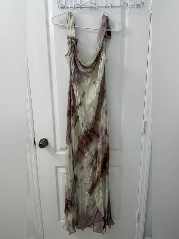 NWT- ZARA Satin Tie-Dye Maxi Slip Dress Off Shoulder Purple Cream Sz XL - Image 6