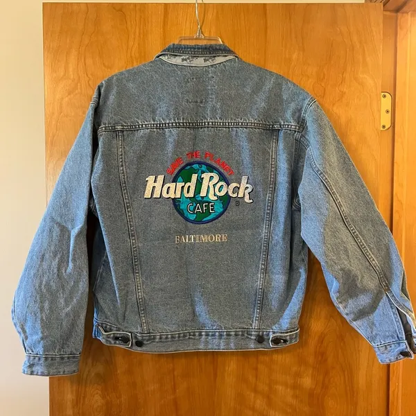 Hard Rock Cafe BALTIMORE Vintage 90s Denim Jean Jacket Save The Planet Medium - Image 9
