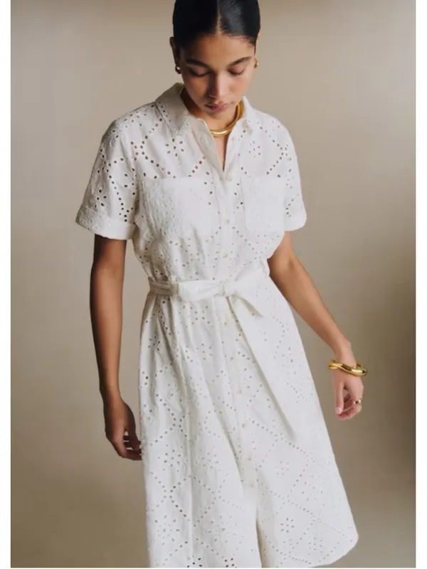 Sezane Adele Short Sleeve Embroidered Midi Dress Eyelet Collar Ecru FR 36 US 4 - Image 4