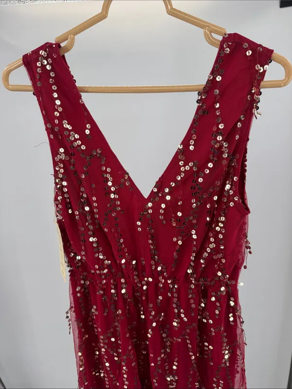 Southern fried chics deep red Sequined V-Neck and back sequin fringe L dress - Image 3