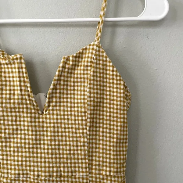 Olive Scent yellow white checkered v-neck summer‎ sundress bodycon women size S - Image 2