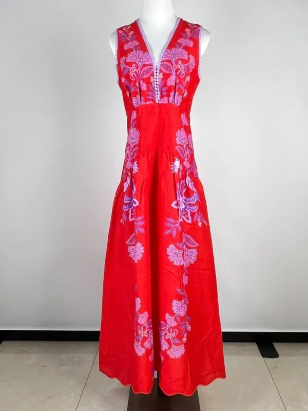 NWOT Farm Rio Porcelain Garden Red Linen Midi Dress Size L - Image 4